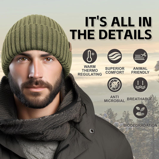 OUTDOOR SHAPING Merino Wool Beanie for Men & Women, Unisex Daily Cuffed Plain Knit Hat, Soft Warm Winter Hat