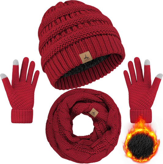 Winter Beanie Hat Scarf Gloves, Warm Fleece Knit Hats Touch Screen Gloves Neck Scarf Set Winter Gifts for Unisex Adult